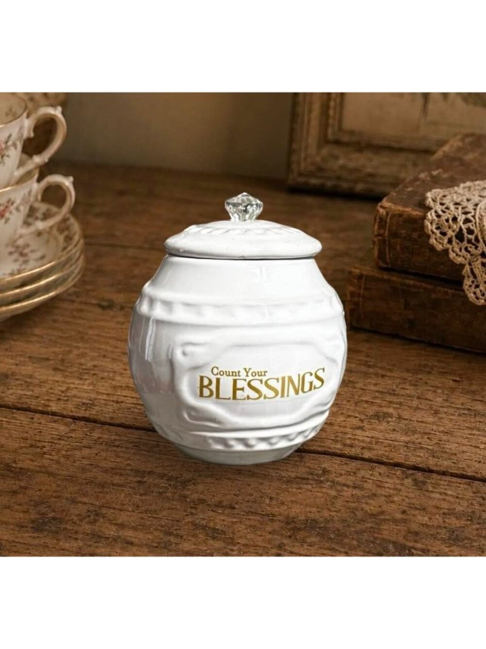 Count Your Blessings Jar Prayer Gratitude White Gold with Lid and Knob Young's I